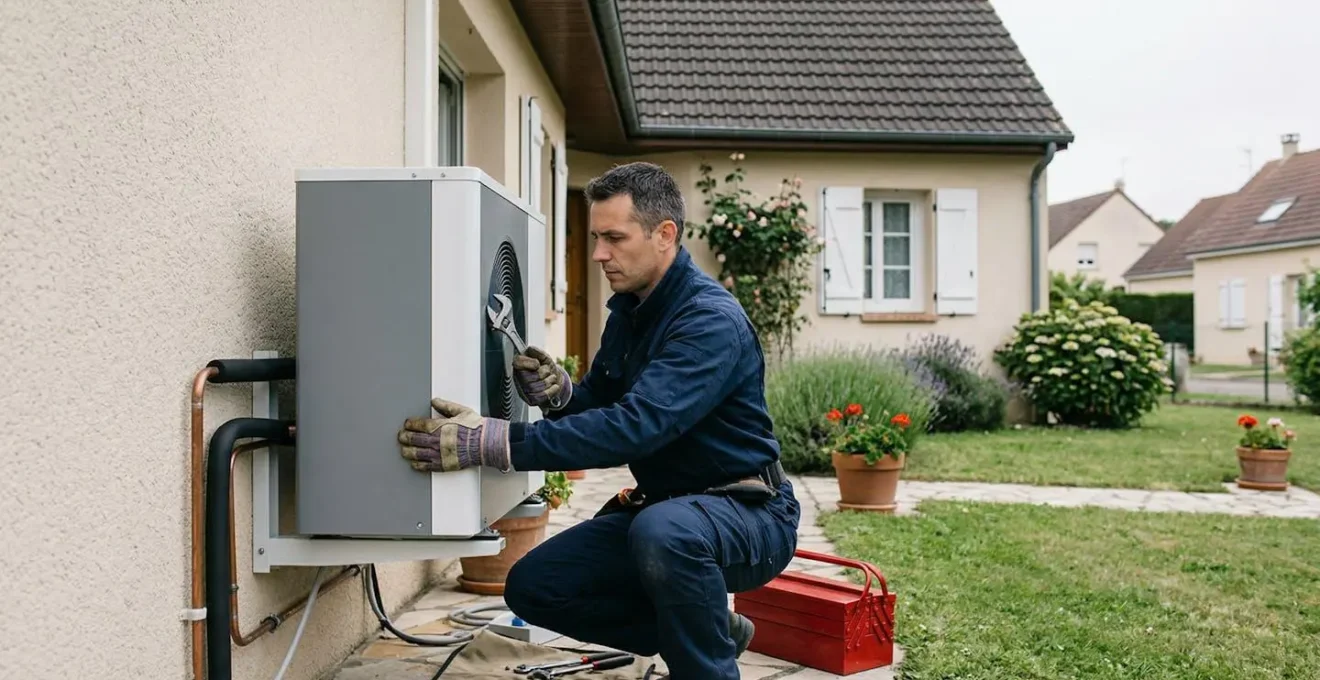 Technicien installant une pompe à chaleur moderne dans une maison résidentielle