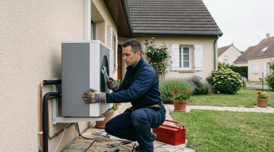 Technicien installant une pompe à chaleur moderne dans une maison résidentielle
