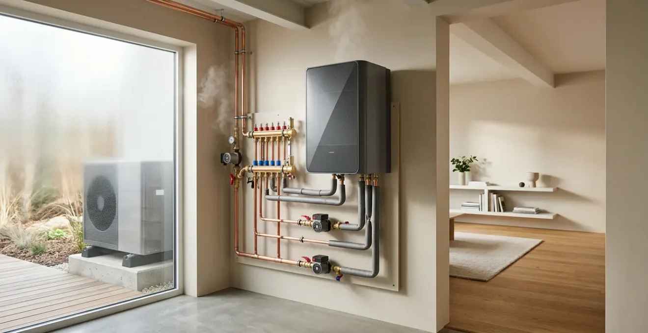 Installation de chauffage hybride moderne combinant pompe à chaleur et chaudière pour une transition énergétique intelligente
