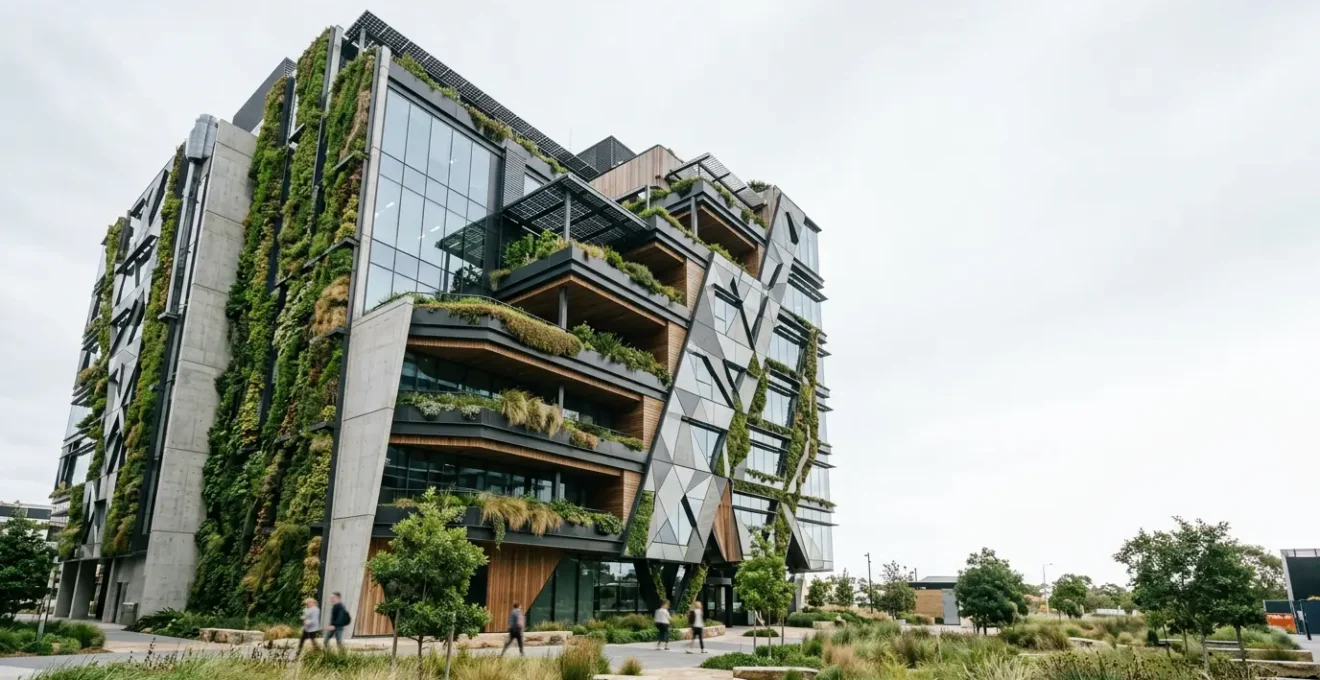 Vue architecturale d'un immeuble moderne avec certification environnementale et critères de durabilité verts