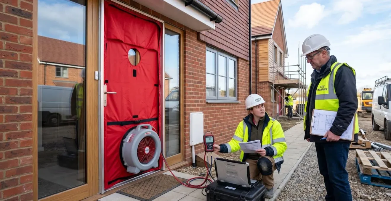 Installation d'un dispositif de test d'étanchéité à l'air Blower Door sur une porte d'entrée lors de la réception de travaux