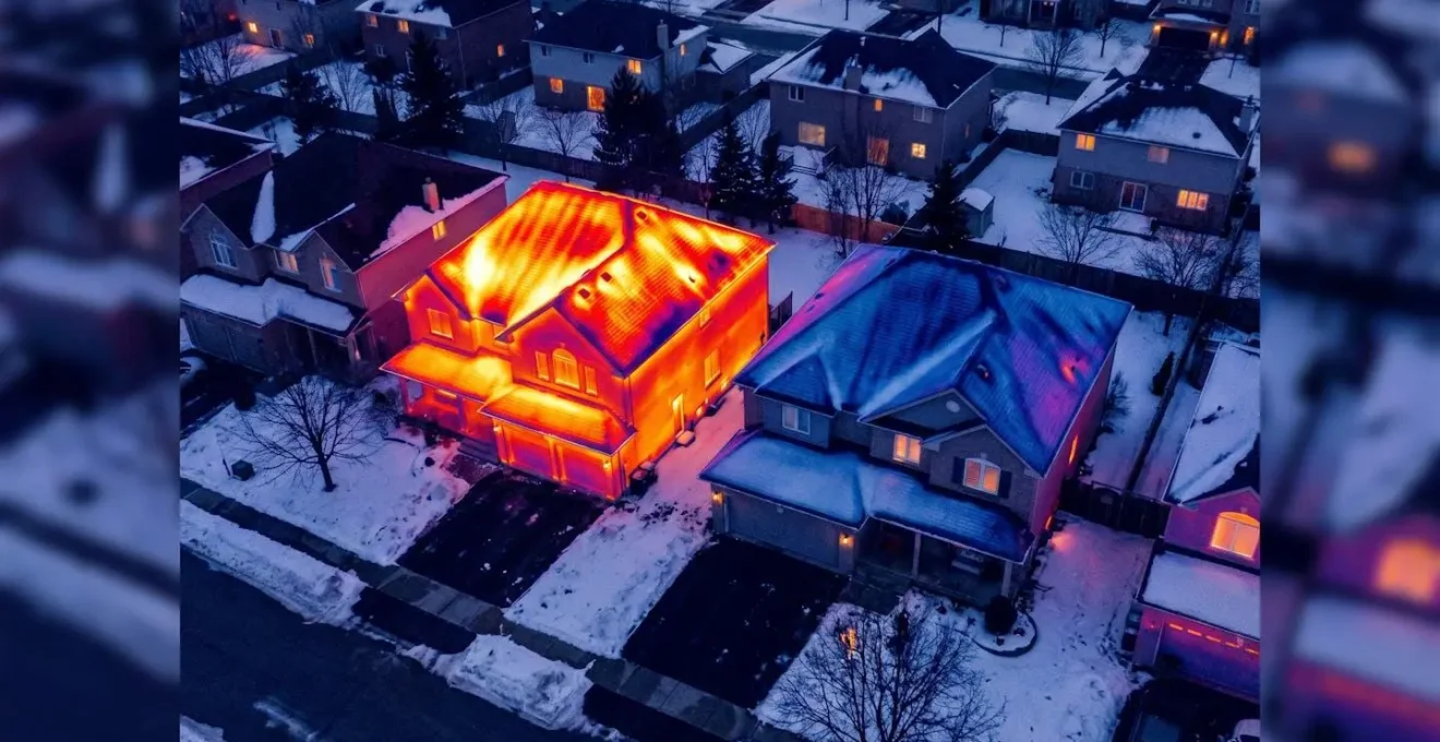 Vue thermographique aérienne montrant les déperditions de chaleur par les toits de maisons