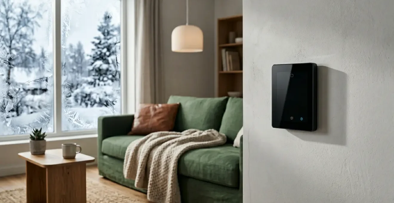 Thermostat connecté dans un intérieur moderne avec interface digitale affichant des économies d'énergie