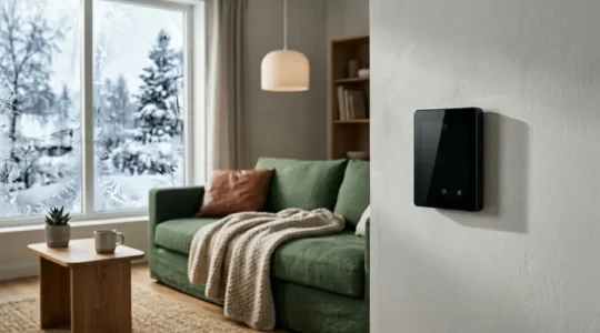 Thermostat connecté dans un intérieur moderne avec interface digitale affichant des économies d'énergie