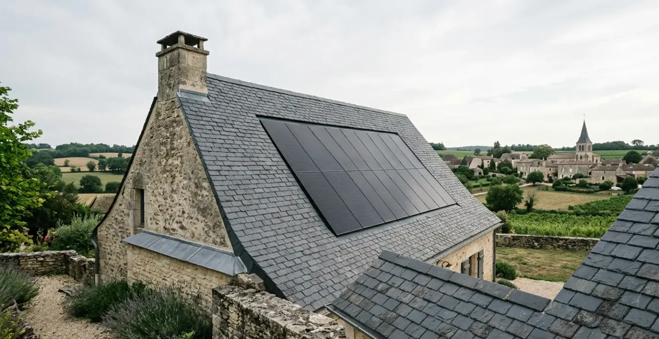 Toiture en ardoise naturelle avec panneaux solaires intégrés dans un cadre patrimonial français