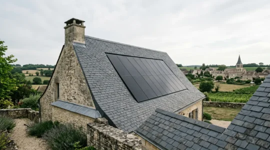 Toiture en ardoise naturelle avec panneaux solaires intégrés dans un cadre patrimonial français