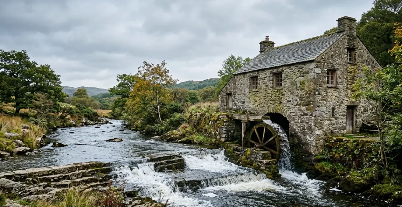 Turbine hydroélectrique installée dans un moulin historique au bord d'une rivière
