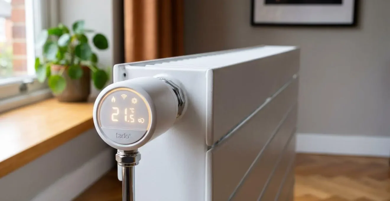Gros plan sur des vannes thermostatiques intelligentes installées sur un radiateur moderne