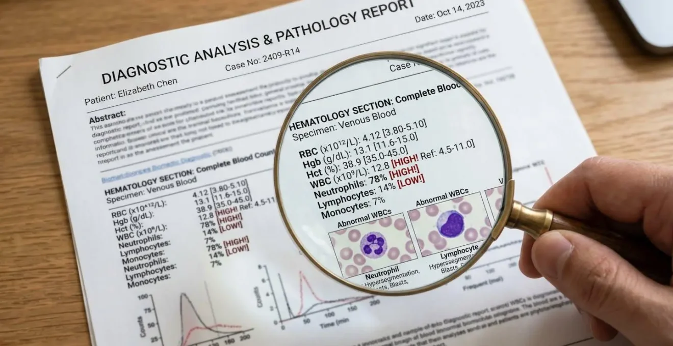 Vue macro d'un document de diagnostic avec loupe révélant des détails techniques