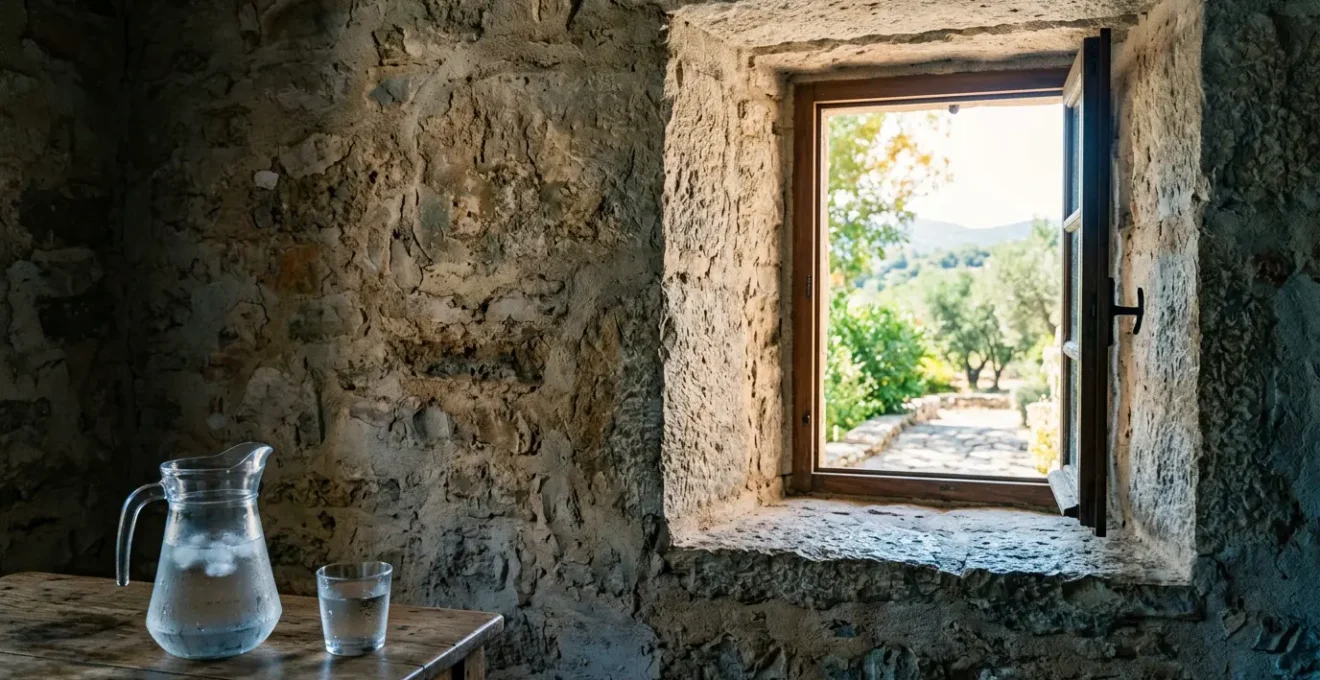 Maison ancienne en pierre massive avec murs épais offrant une fraîcheur naturelle pendant la canicule grâce à l'inertie thermique