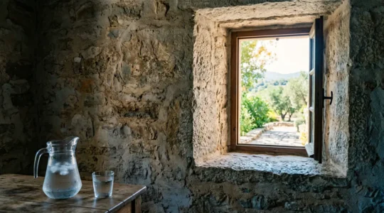 Maison ancienne en pierre massive avec murs épais offrant une fraîcheur naturelle pendant la canicule grâce à l'inertie thermique