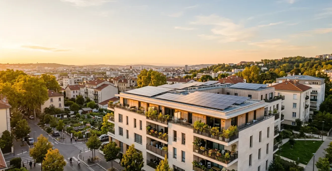 Résidents d'un immeuble collectif partageant de l'électricité solaire produite localement