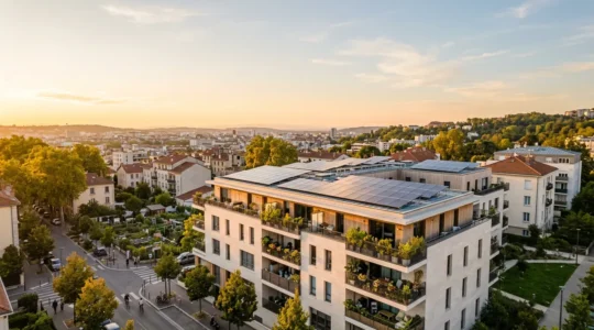Résidents d'un immeuble collectif partageant de l'électricité solaire produite localement