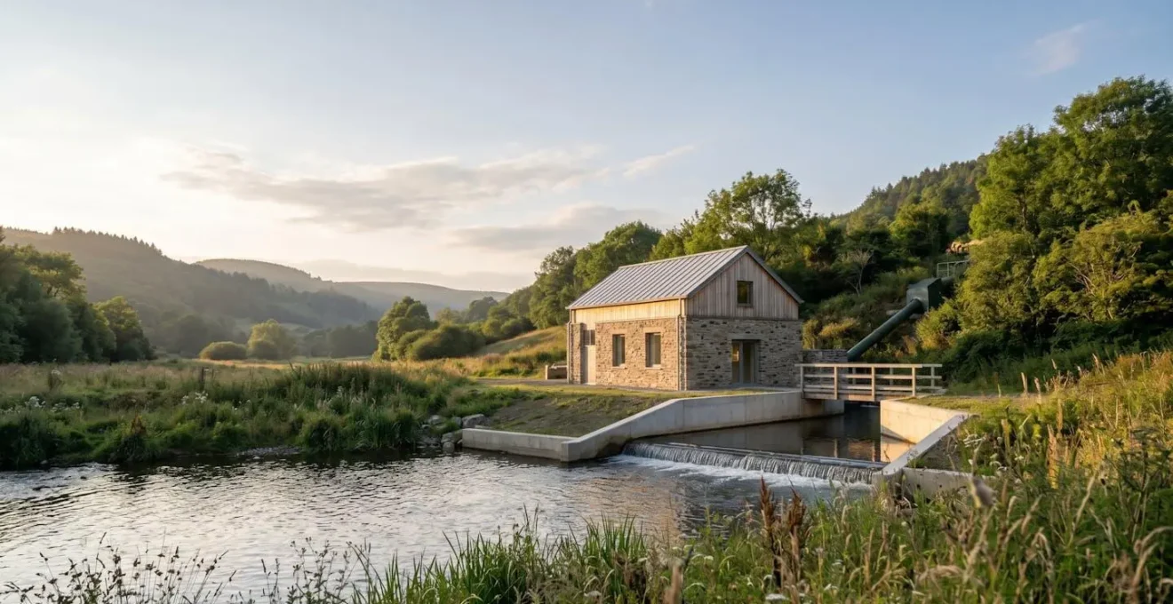 Vue d'ensemble minimaliste d'un site de micro-centrale hydroélectrique intégré dans son environnement naturel
